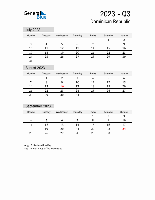 Dominican Republic Quarter 3 2023 Calendar with Holidays