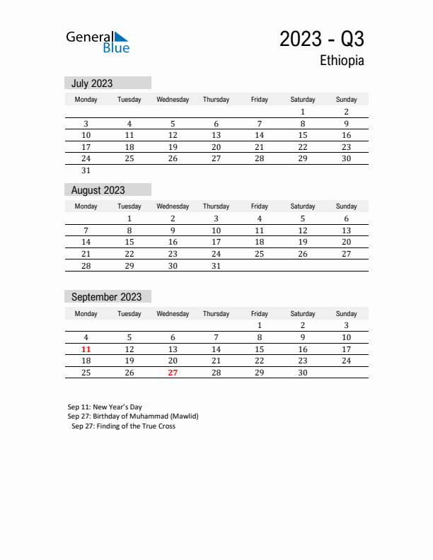 Ethiopia Quarter 3 2023 Calendar with Holidays