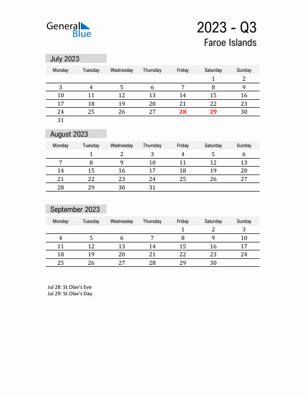 Faroe Islands Quarter 3 2023 Calendar with Holidays