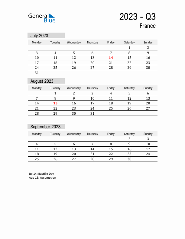 France Quarter 3 2023 Calendar with Holidays