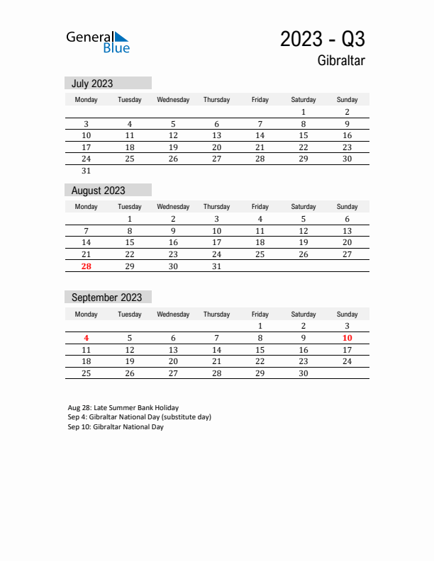 Gibraltar Quarter 3 2023 Calendar with Holidays