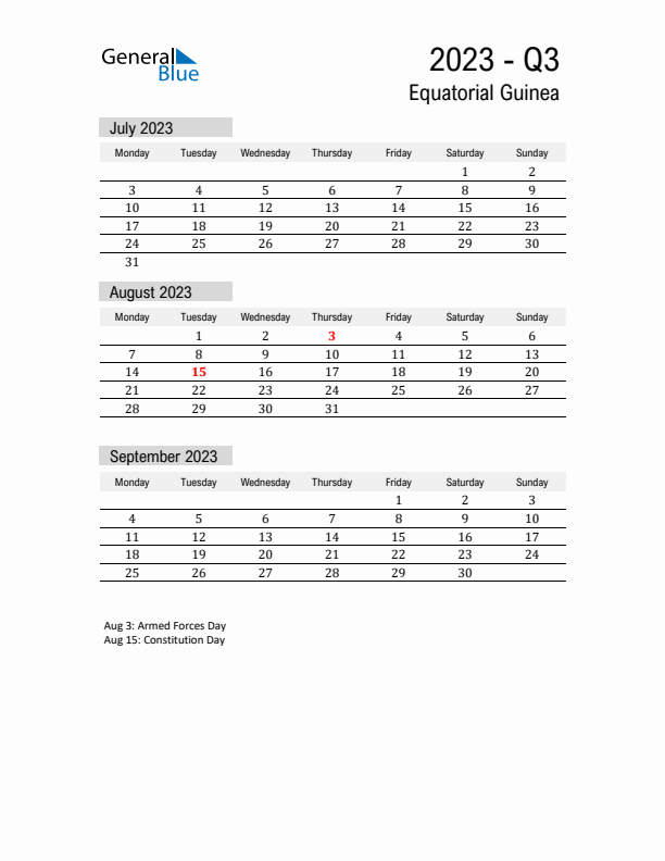Equatorial Guinea Quarter 3 2023 Calendar with Holidays