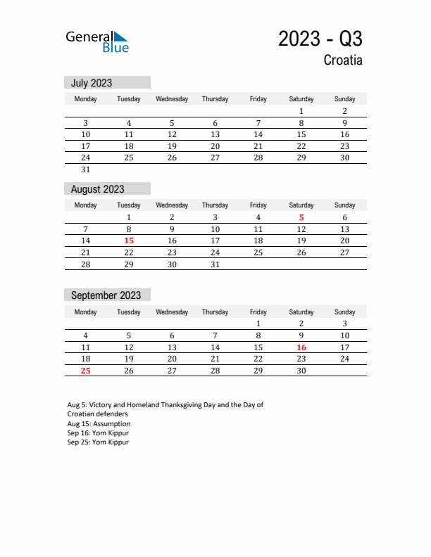 Croatia Quarter 3 2023 Calendar with Holidays