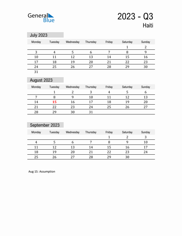 Haiti Quarter 3 2023 Calendar with Holidays
