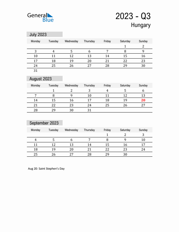 Hungary Quarter 3 2023 Calendar with Holidays