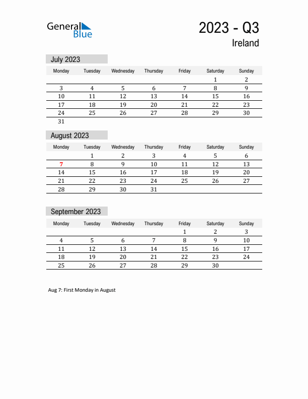 Ireland Quarter 3 2023 Calendar with Holidays