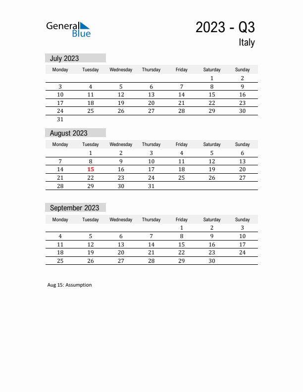 Italy Quarter 3 2023 Calendar with Holidays