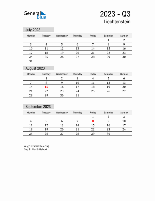 Liechtenstein Quarter 3 2023 Calendar with Holidays