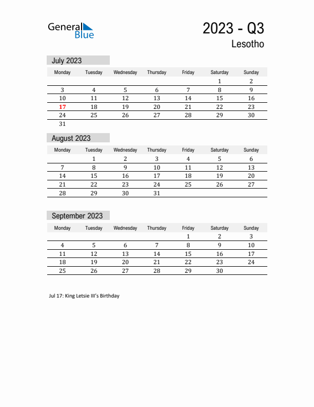 Lesotho Quarter 3 2023 Calendar with Holidays