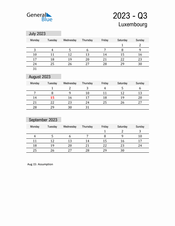 Luxembourg Quarter 3 2023 Calendar with Holidays