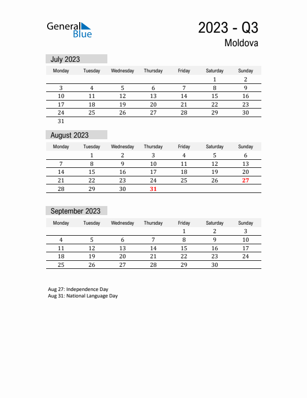 Moldova Quarter 3 2023 Calendar with Holidays