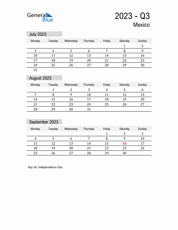 Mexico Quarter 3 2023 Calendar with Holidays