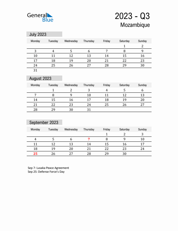 Mozambique Quarter 3 2023 Calendar with Holidays