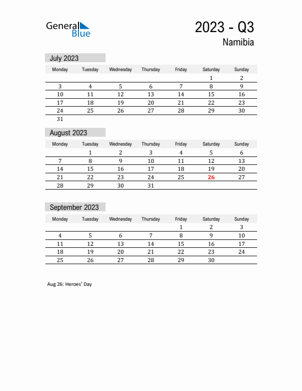 Namibia Quarter 3 2023 Calendar with Holidays