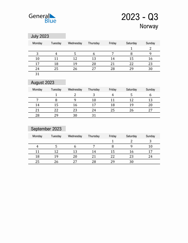 Norway Quarter 3 2023 Calendar with Holidays
