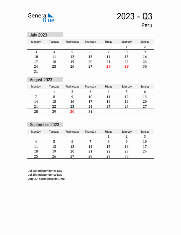 Peru Quarter 3 2023 Calendar with Holidays