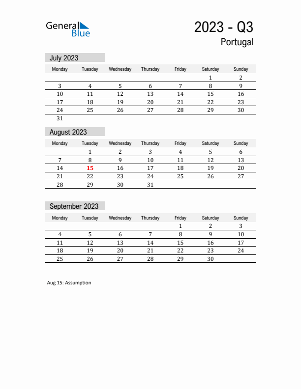 Portugal Quarter 3 2023 Calendar with Holidays