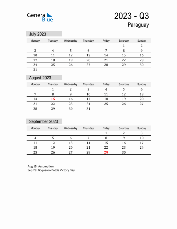 Paraguay Quarter 3 2023 Calendar with Holidays