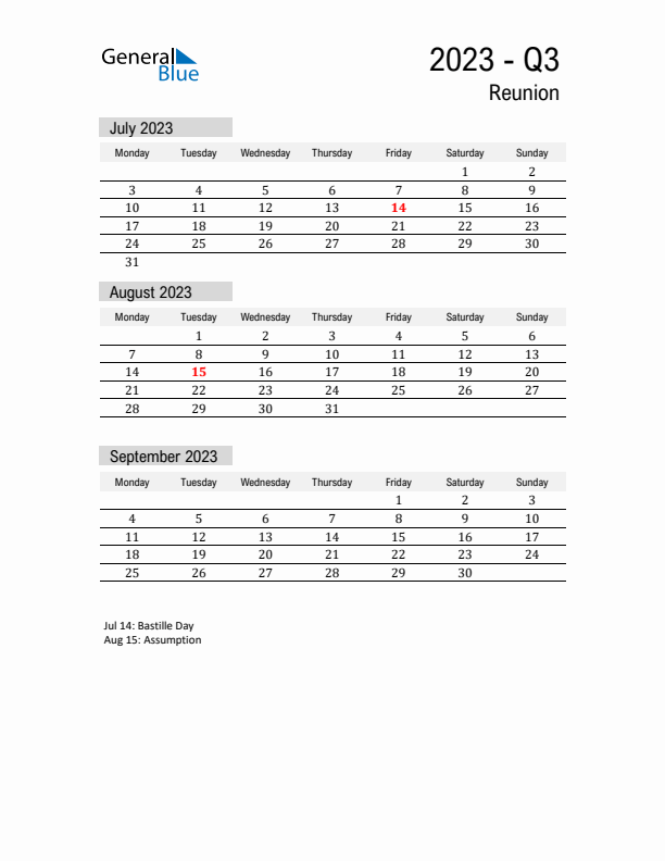 Reunion Quarter 3 2023 Calendar with Holidays