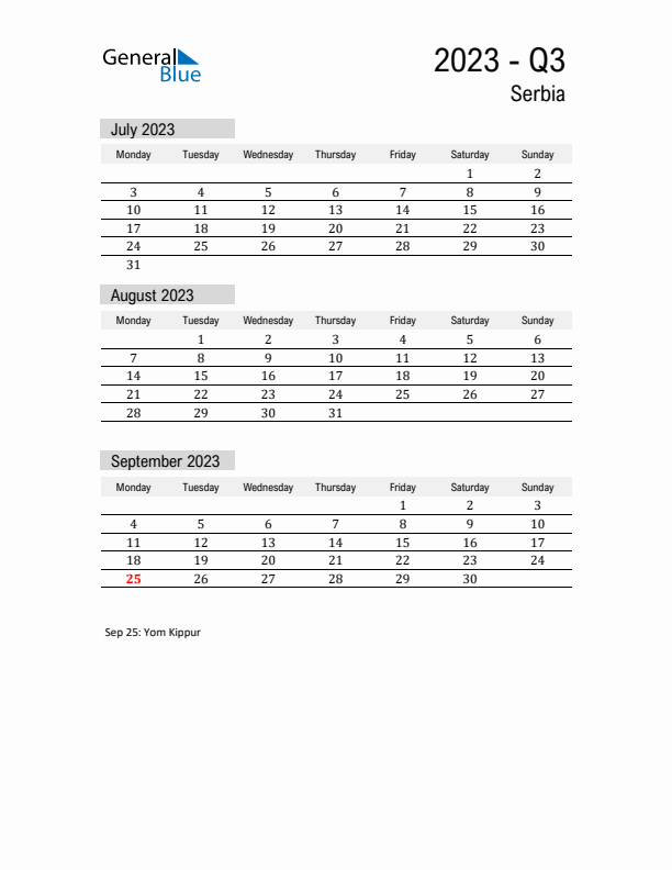 Serbia Quarter 3 2023 Calendar with Holidays