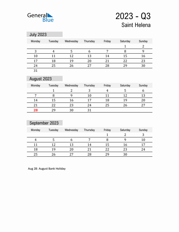 Saint Helena Quarter 3 2023 Calendar with Holidays