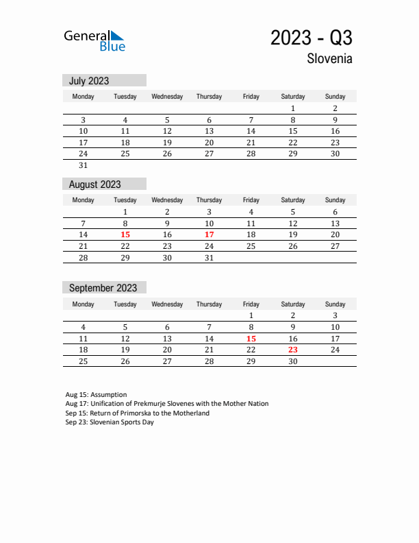 Slovenia Quarter 3 2023 Calendar with Holidays