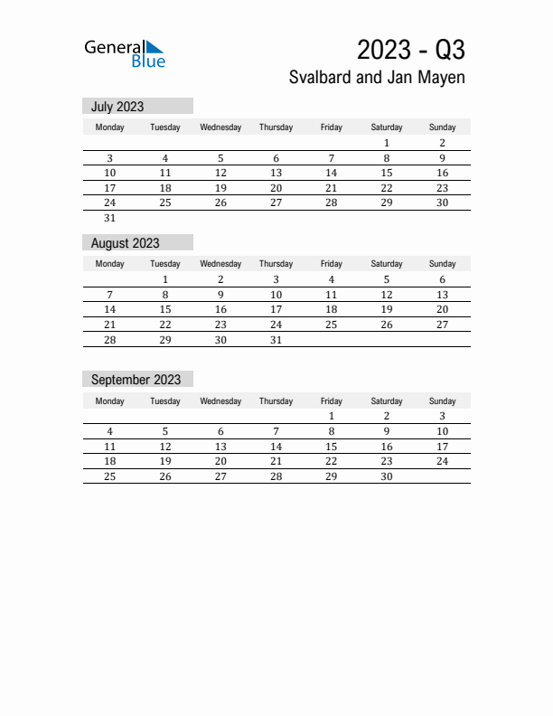 Svalbard and Jan Mayen Quarter 3 2023 Calendar with Holidays