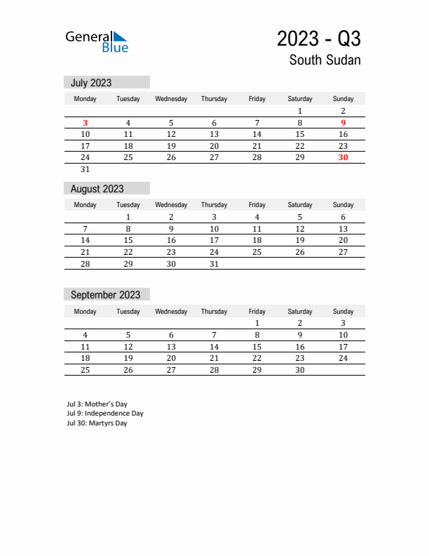 South Sudan Quarter 3 2023 Calendar with Holidays