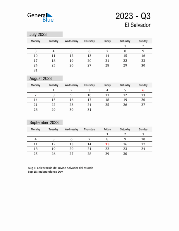 El Salvador Quarter 3 2023 Calendar with Holidays