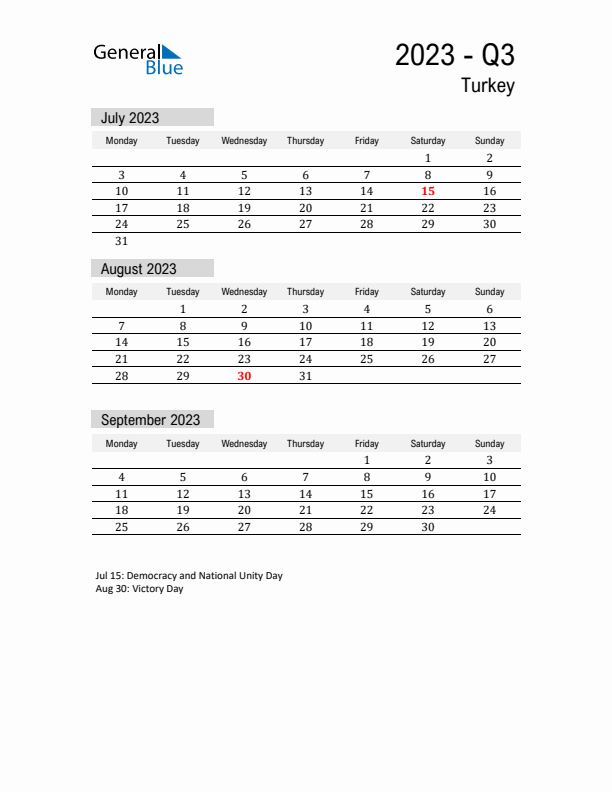 Turkey Quarter 3 2023 Calendar with Holidays