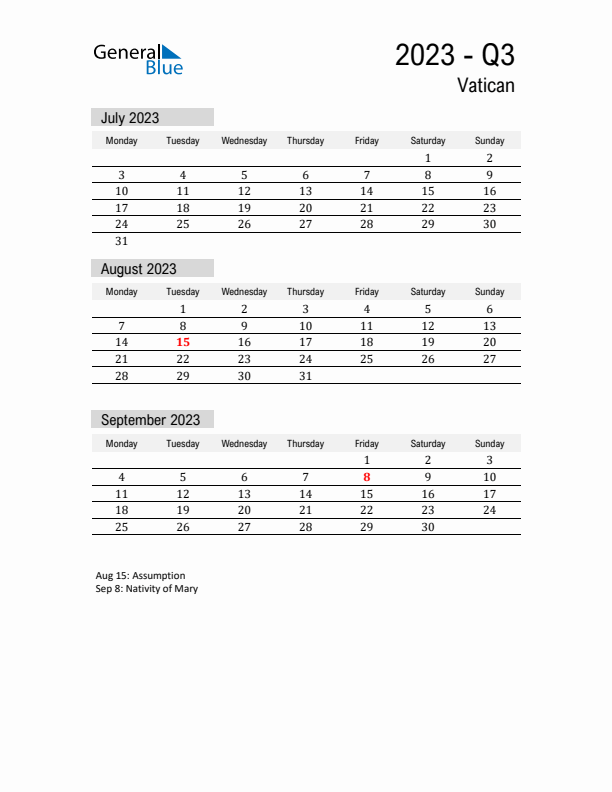 Vatican Quarter 3 2023 Calendar with Holidays