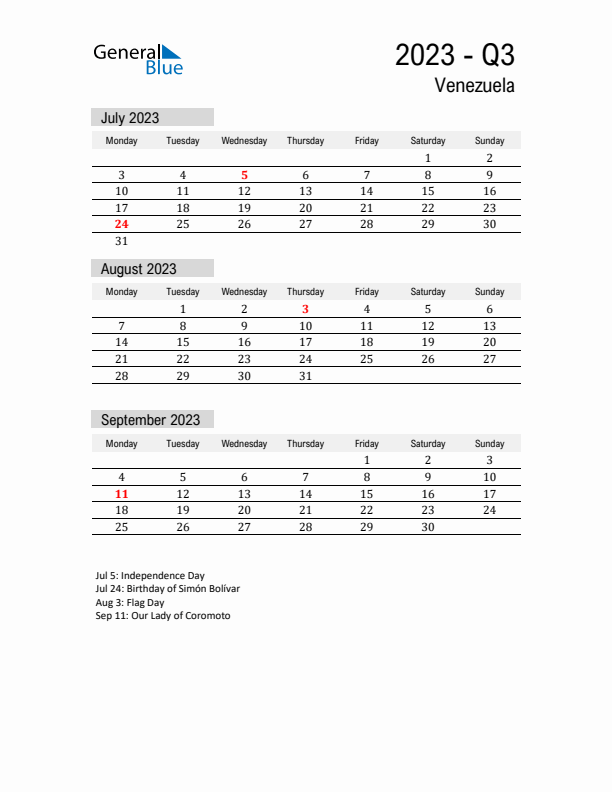 Venezuela Quarter 3 2023 Calendar with Holidays