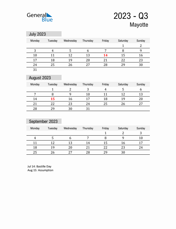 Mayotte Quarter 3 2023 Calendar with Holidays