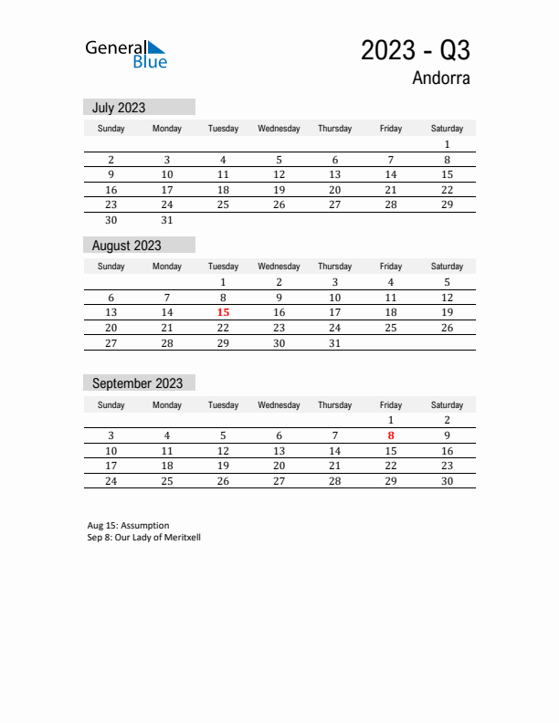 Andorra Quarter 3 2023 Calendar with Holidays