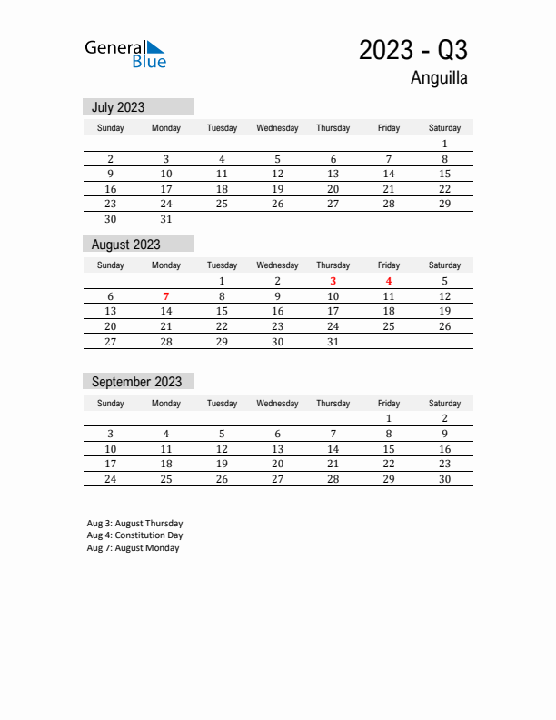 Anguilla Quarter 3 2023 Calendar with Holidays