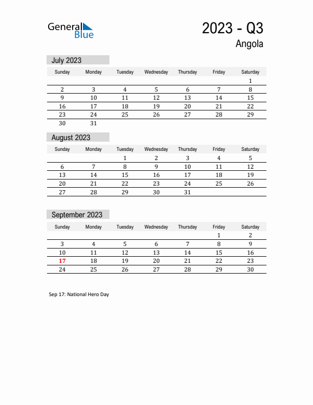 Angola Quarter 3 2023 Calendar with Holidays