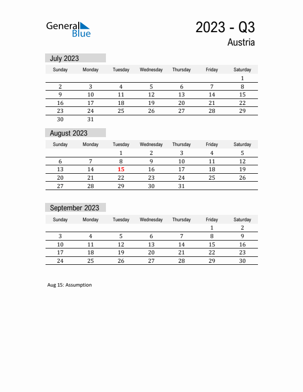 Austria Quarter 3 2023 Calendar with Holidays