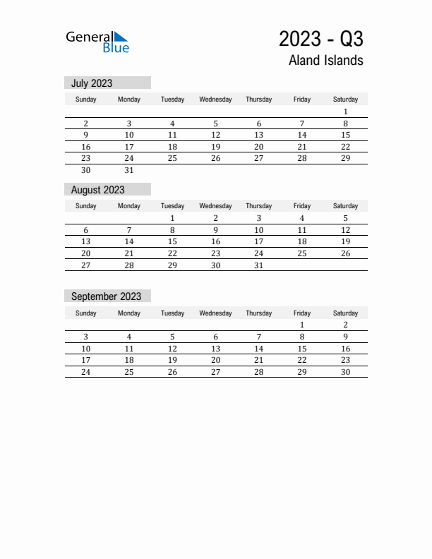 Aland Islands Quarter 3 2023 Calendar with Holidays