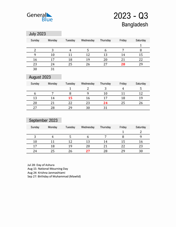 Bangladesh Quarter 3 2023 Calendar with Holidays