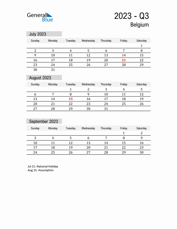 Belgium Quarter 3 2023 Calendar with Holidays