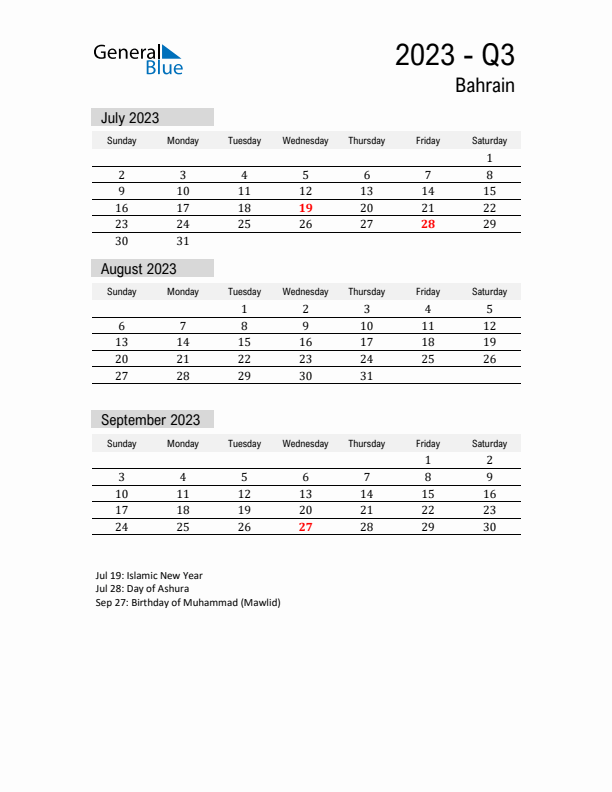 Bahrain Quarter 3 2023 Calendar with Holidays