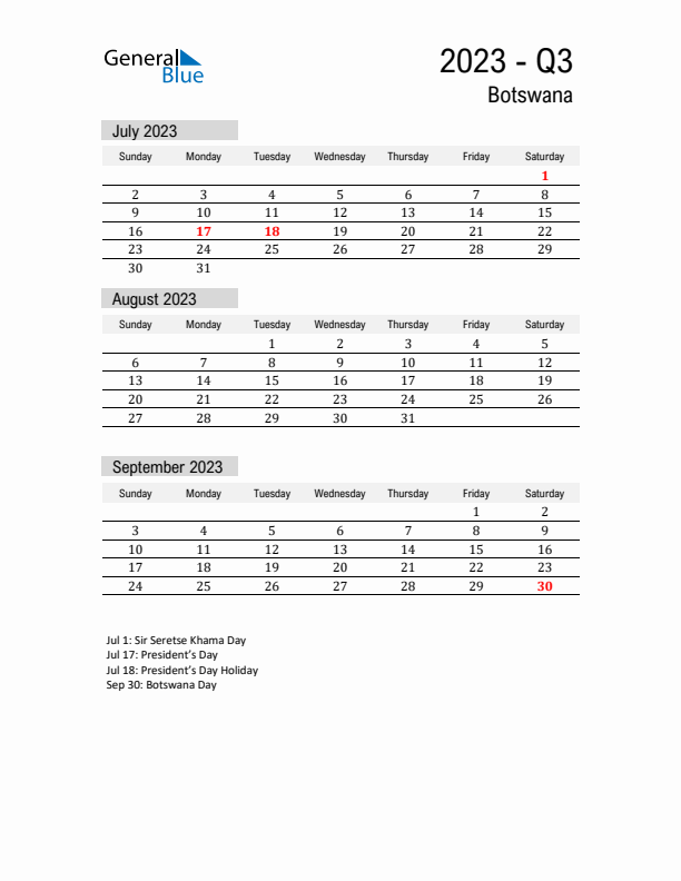 Botswana Quarter 3 2023 Calendar with Holidays