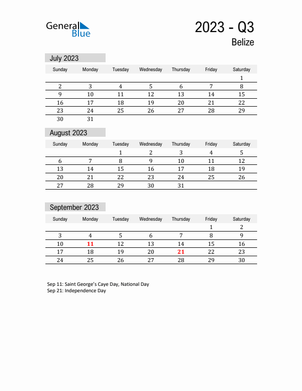 Belize Quarter 3 2023 Calendar with Holidays