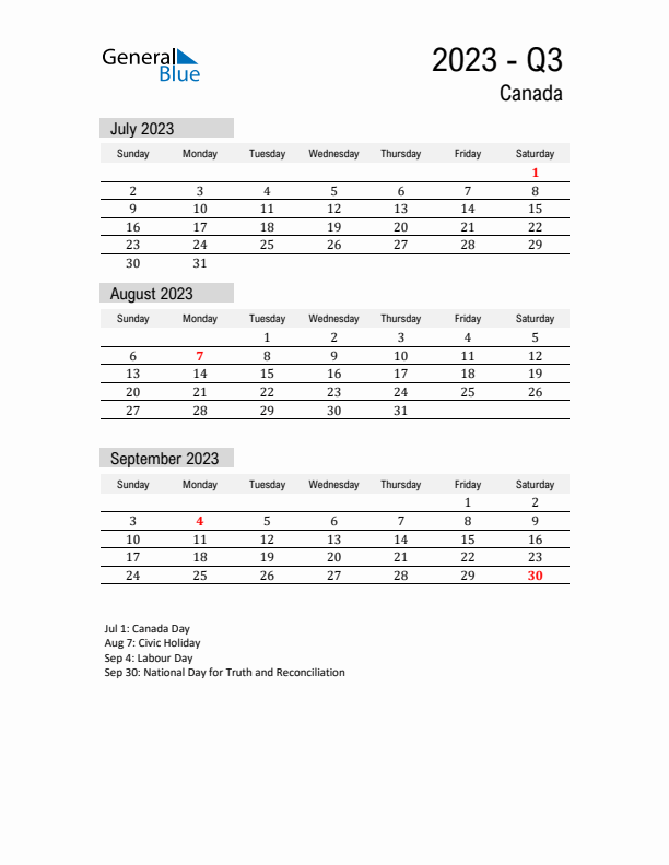 Canada Quarter 3 2023 Calendar with Holidays