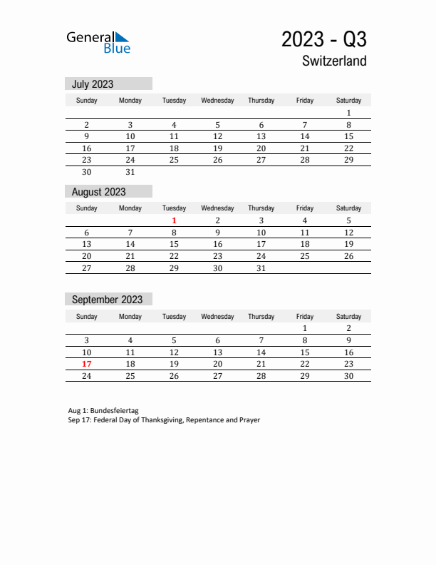 Switzerland Quarter 3 2023 Calendar with Holidays