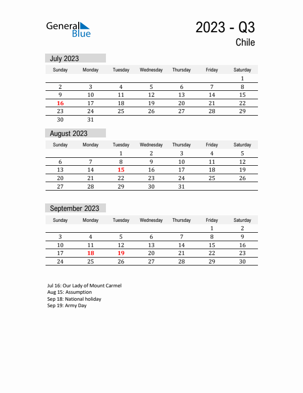 Chile Quarter 3 2023 Calendar with Holidays