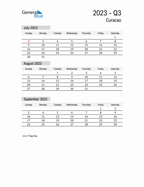 Curacao Quarter 3 2023 Calendar with Holidays