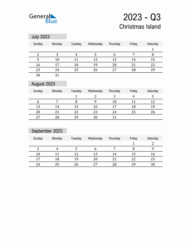 Christmas Island Quarter 3 2023 Calendar with Holidays