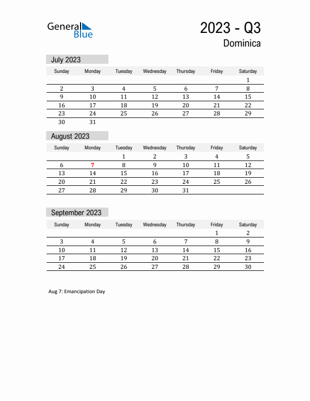 Dominica Quarter 3 2023 Calendar with Holidays