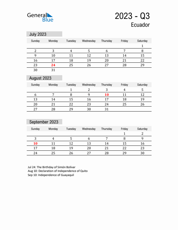 Ecuador Quarter 3 2023 Calendar with Holidays